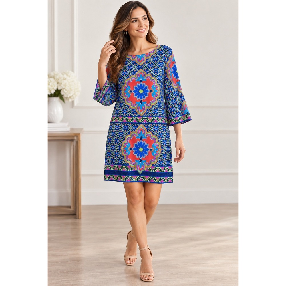 Laundry Shelli Segal Dress Blue Multicolor Geometric Medallion Shift Boho Resort